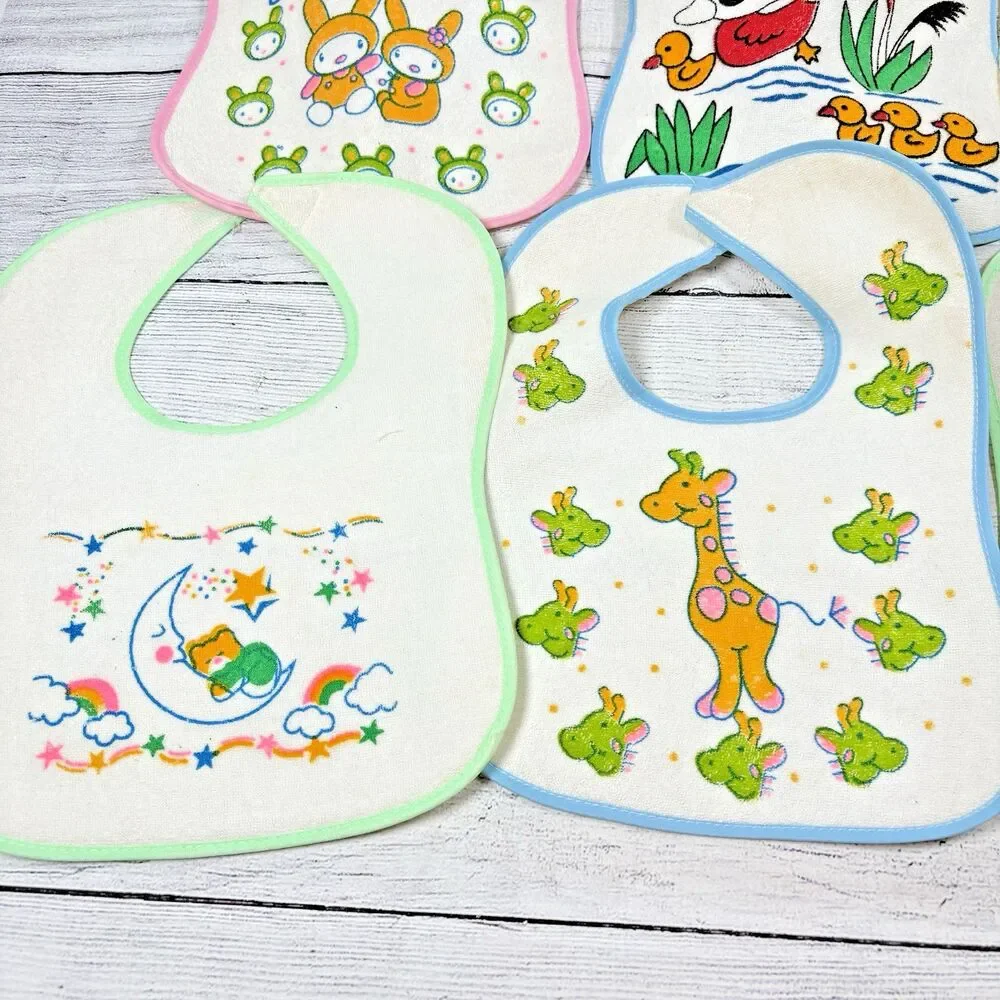 Vintage Lot of 6  Baby Bibs 0-6 Months Pastels Boy Girl Ducks Bunnies Bears